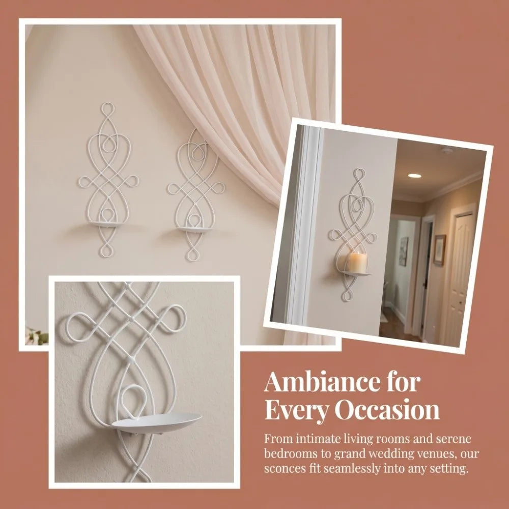 A set of white decorative iron wall sconces designed to hold candles, shown in various close-up and context shots.