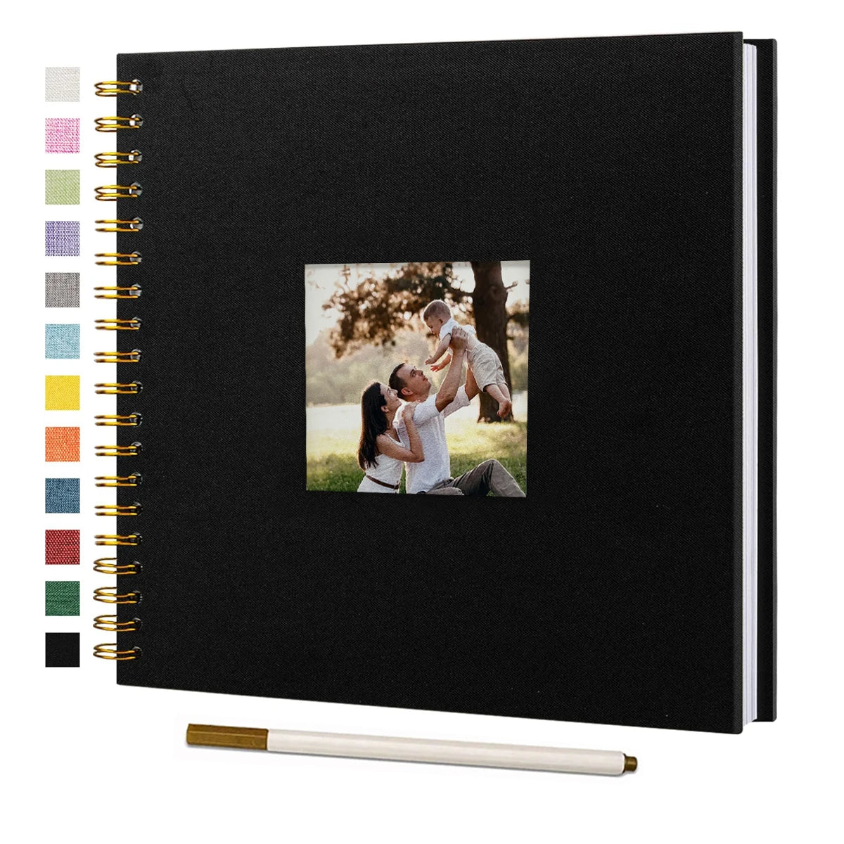 Black linen cover scrapbook album with gold-edged photo pages and a silver pen.