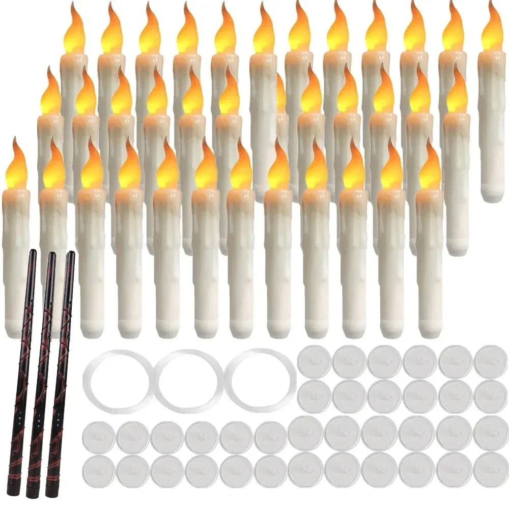 A set of white flameless LED taper candles and a pack of round candle holders.