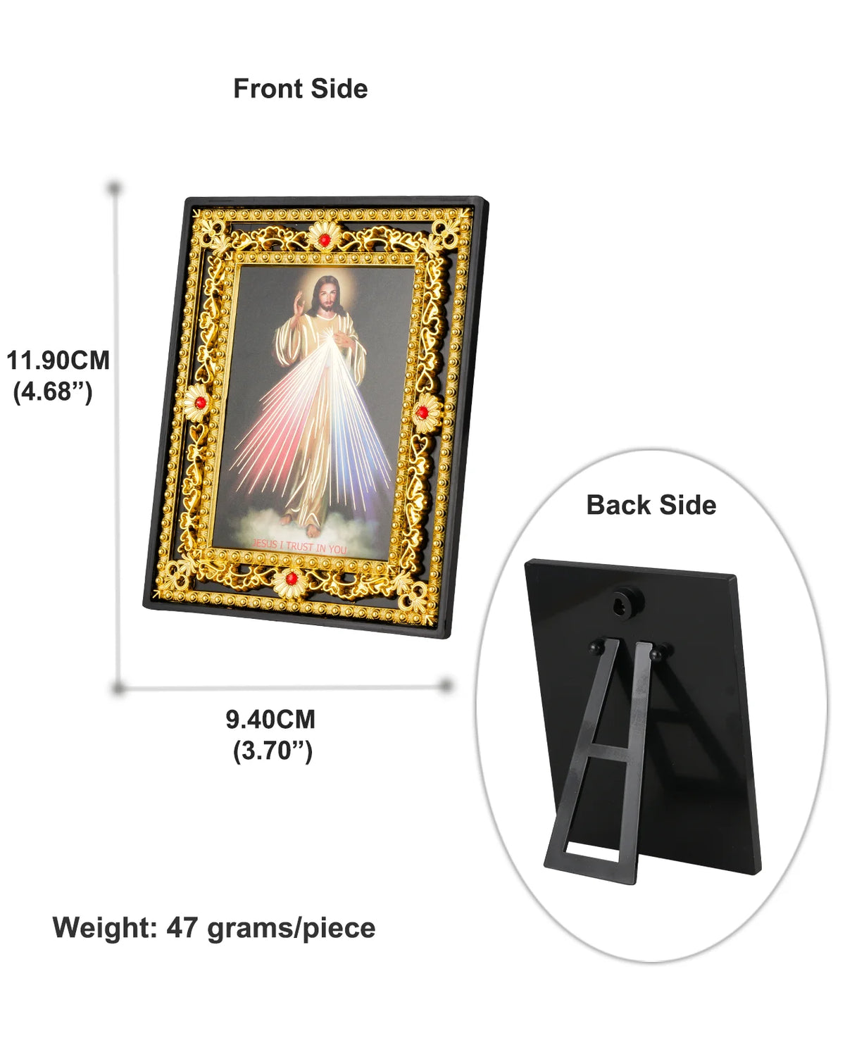 Front and back views of a framed Catholic Holy Family icon with Archangel St. Michael for tabletop display