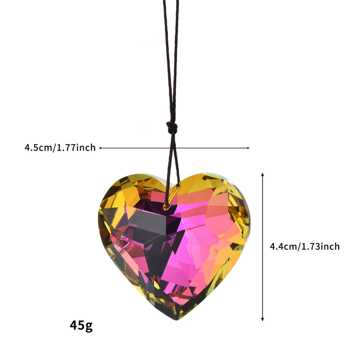 A heart-shaped pendant made of iridescent, rainbow-colored glass, suspended by a black cord.