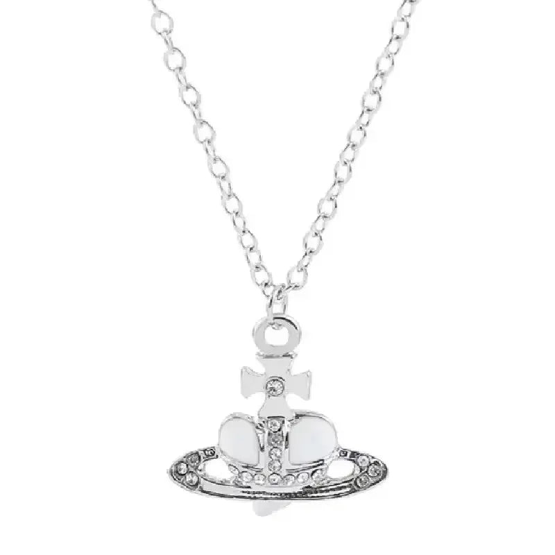 Silver pendant necklace featuring a diamond-inlaid Saturn design.