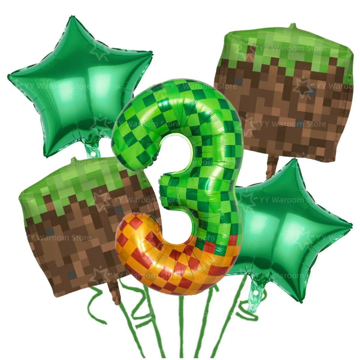 A set of green miner theme party decorations including balloons and table coverings.