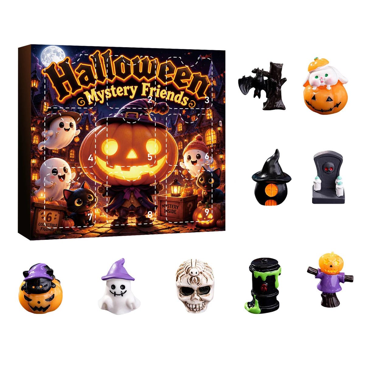 Halloween Mystery Friends 3 pack resin figurine advent calendar featuring spooky characters and pumpkins