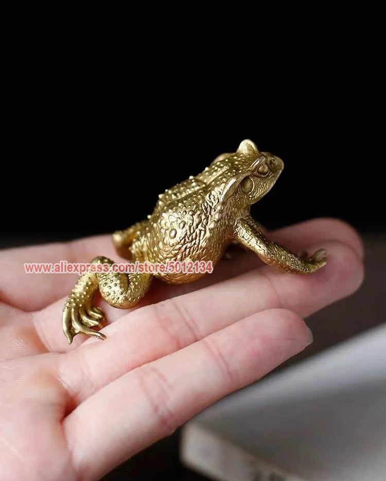 A brass money frog feng shui figurine is held in a person's hand against a dark background.