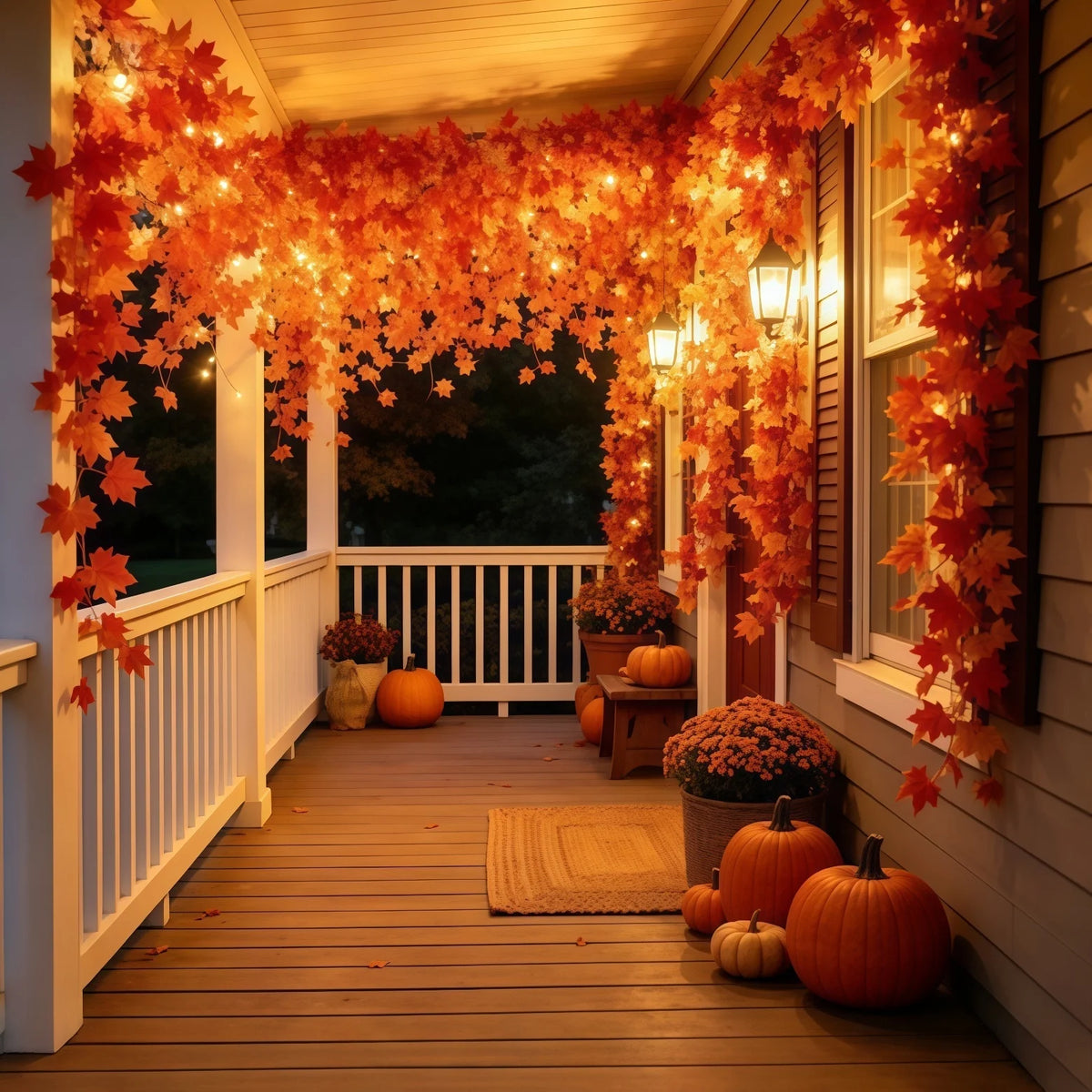 An autumn maple leaf vine garland with warm LED lights hangs over a wooden porch railing and window.