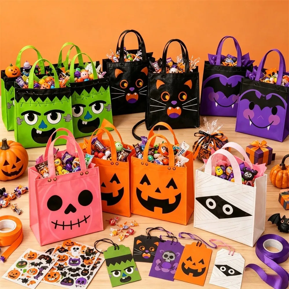 A collection of reusable Halloween candy bags in various colors and designs, including pumpkins, cats, and spooky faces.