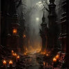 A dark, foggy forest path lined with glowing torches and gothic castle ruins.