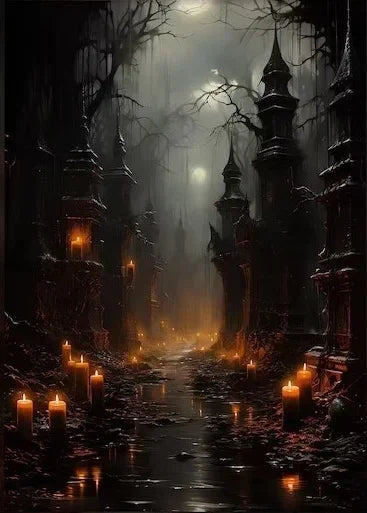 A dark, foggy forest path lined with glowing torches and gothic castle ruins.