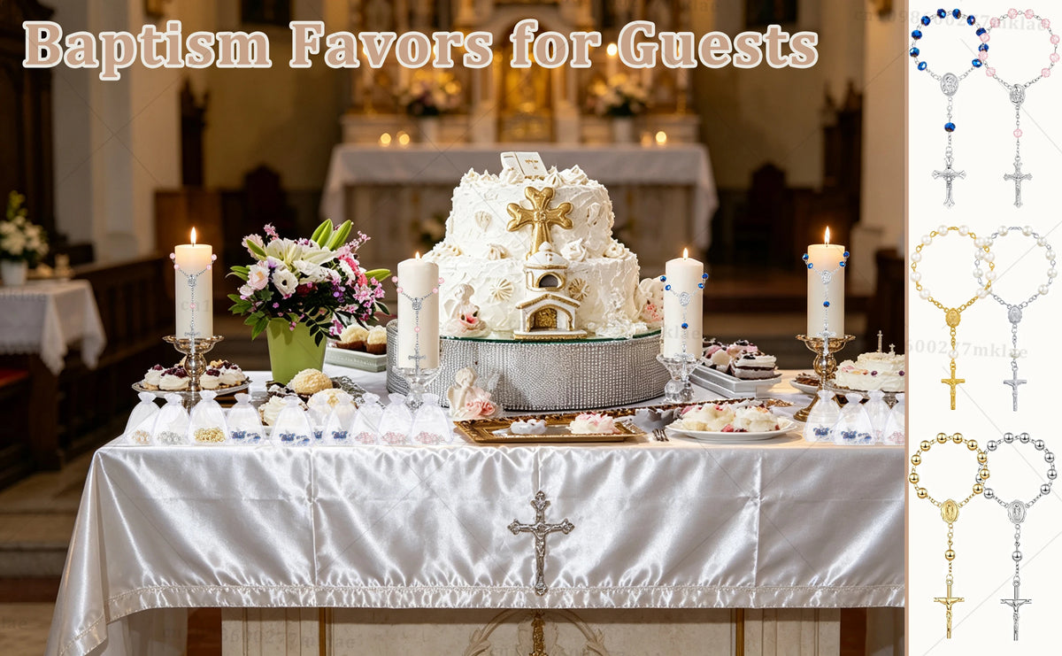 A display of mini baptism favors featuring rosaries and crosses in various styles, set on a white table.