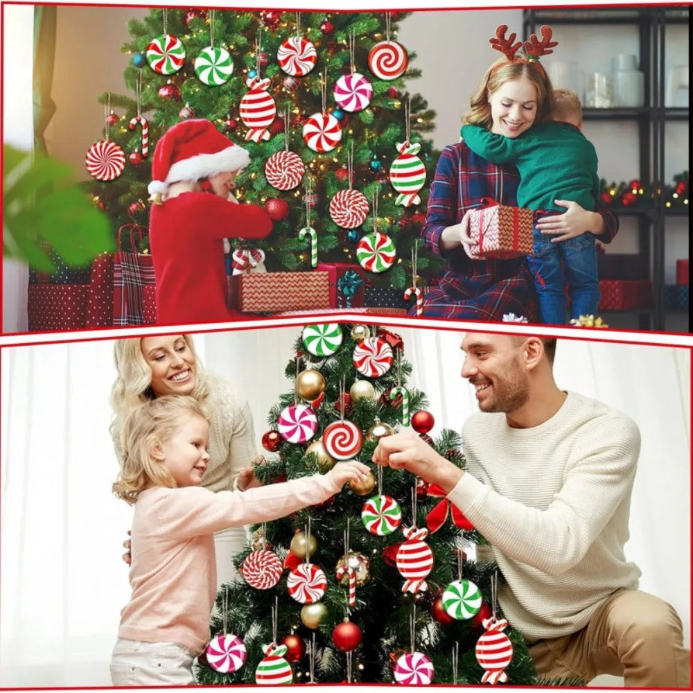 A man and a young girl decorating a Christmas tree with red and green peppermint candy ornaments.