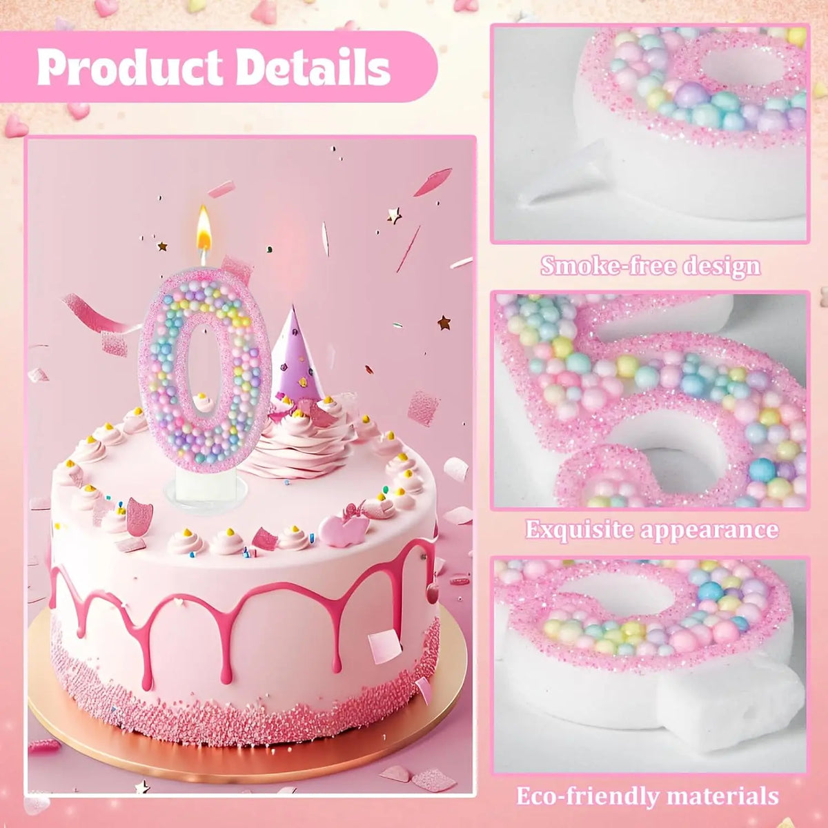 A pink cake decorated with a large number zero made of colorful sprinkles, presented as a birthday candle set.