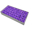 A box filled with purple artificial rose heads for wedding and party decor.