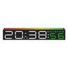 An LED digital alarm clock display showing the time 20:38:56 with a light bar featuring colored indicators for the days of th