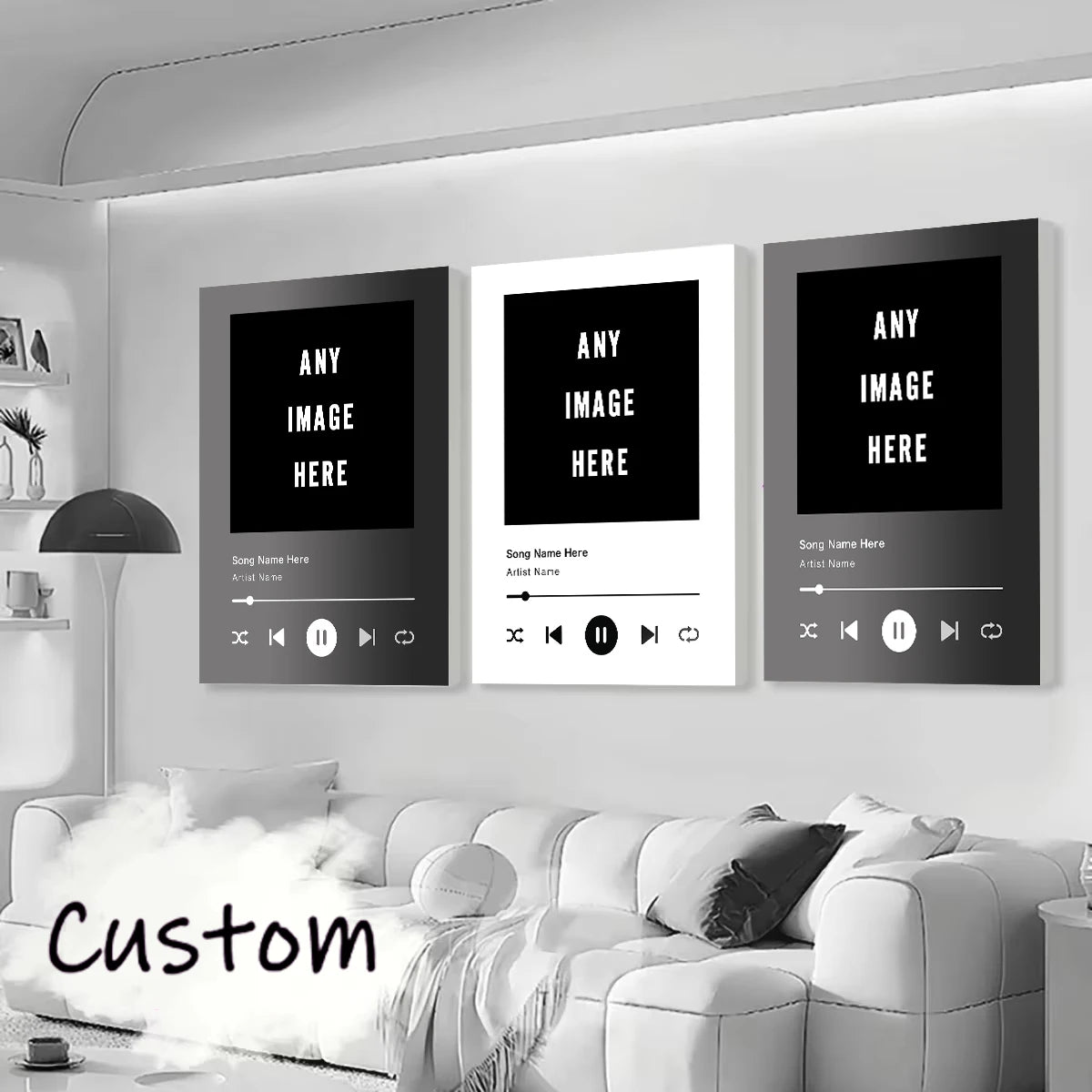 A custom song lyric canvas poster displayed on a white sofa with soft lighting.