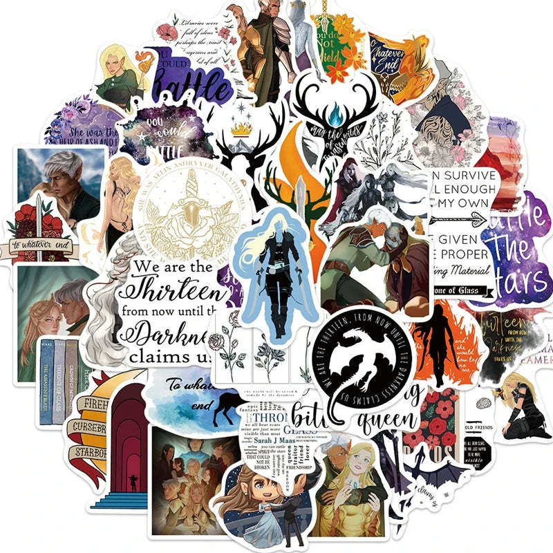 Eine Sammlung von Cartoon-Figur-Sticker-Dekorationen mit verschiedenen Fantasy- und Mythologiefiguren, Tieren und Symbolen.