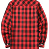 A red and black plaid flannel button-up shirt shown from the back.