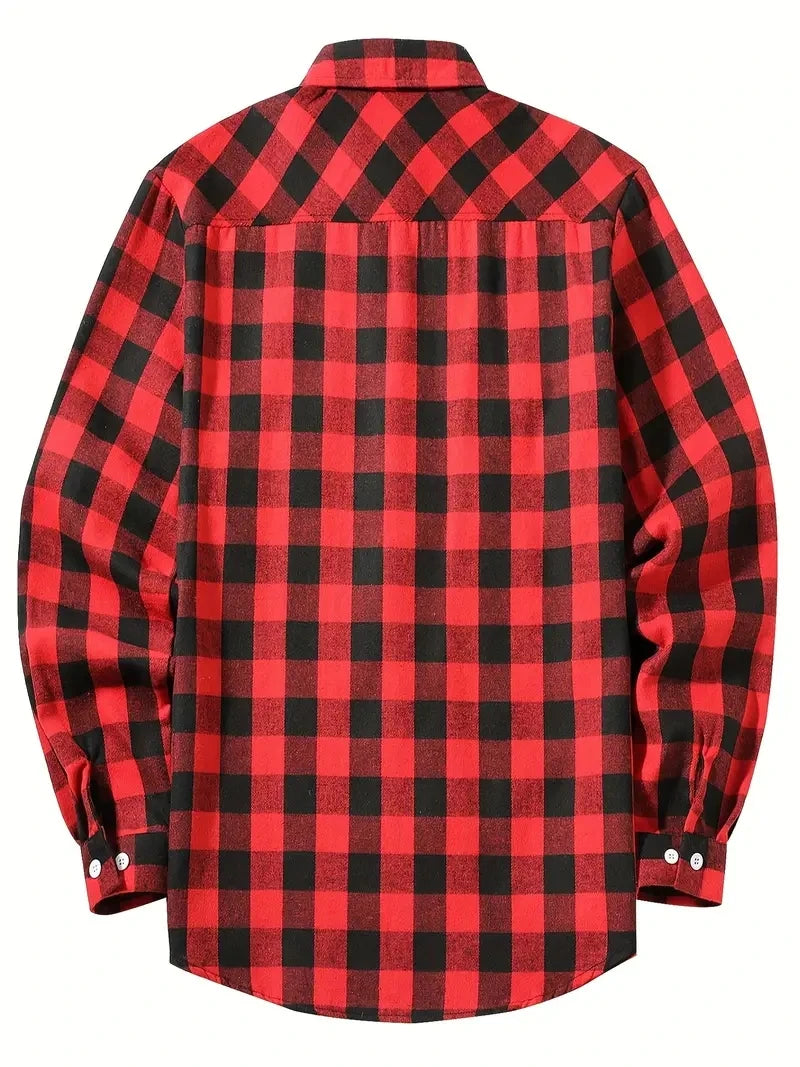 A red and black plaid flannel button-up shirt shown from the back.