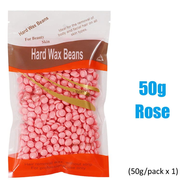 A package of 50g Hard Wax Beans for hair removal, pink in color.