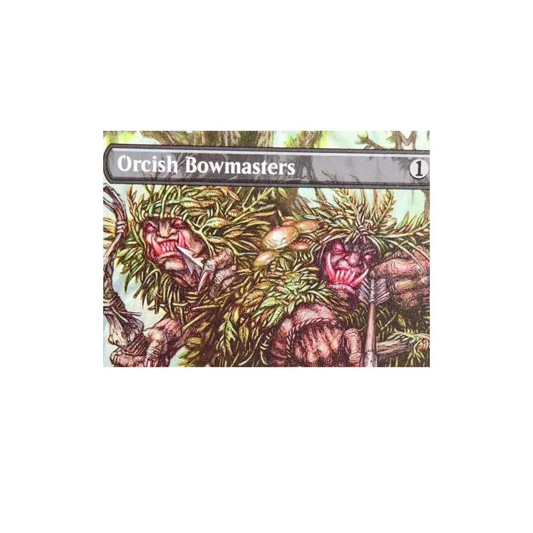 A fantasy art collectible trading card featuring a fierce Orcish Bowmaster with green foliage.