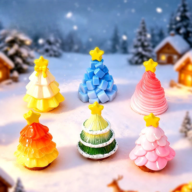 A collection of colorful, miniature 3D Christmas tree resin charms in various colors like blue, pink, yellow, and green, set 