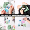 Hands hold a green camera and magnetic mini photo frames displaying various pictures.