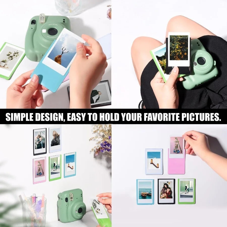 Hands hold a green camera and magnetic mini photo frames displaying various pictures.
