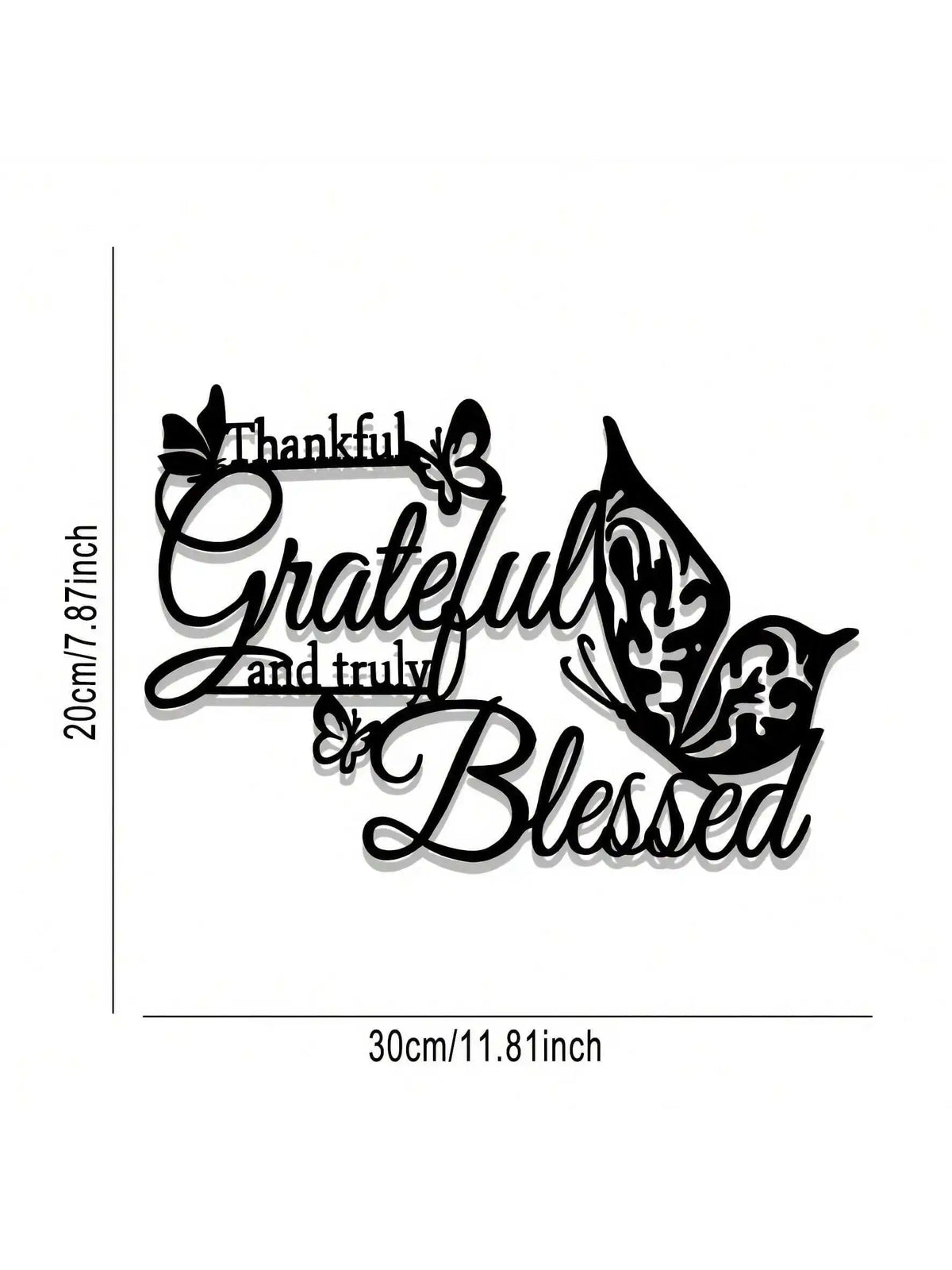 Black metal wall decor featuring the words Thankful Grateful and truly Blessed in elegant script with butterfly accents