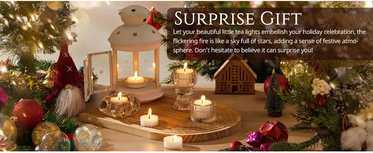 A surprise gift featuring natural beeswax tealight candles set on a wooden board with festive holiday greenery and decor.