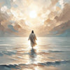 A painting depicting a figure in flowing white robes standing in water, silhouetted against a bright sun and hazy landscape.