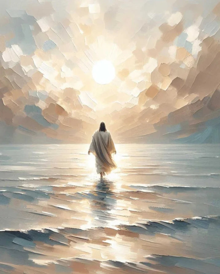 A painting depicting a figure in flowing white robes standing in water, silhouetted against a bright sun and hazy landscape.