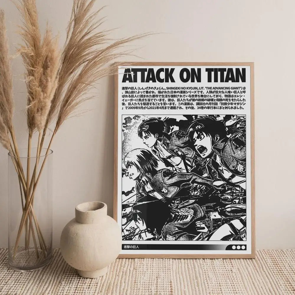 A framed black and white manga panel featuring characters from Attack on Titan