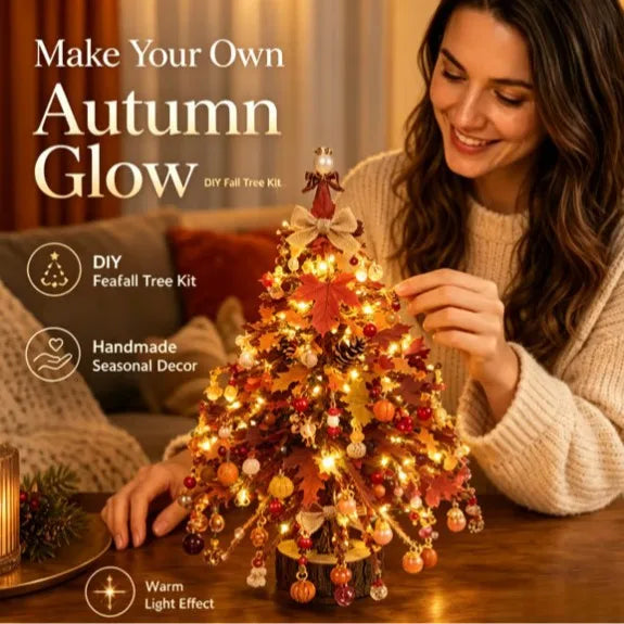A woman is decorating a DIY Fall Tree Glow kit with warm lights and seasonal decor.