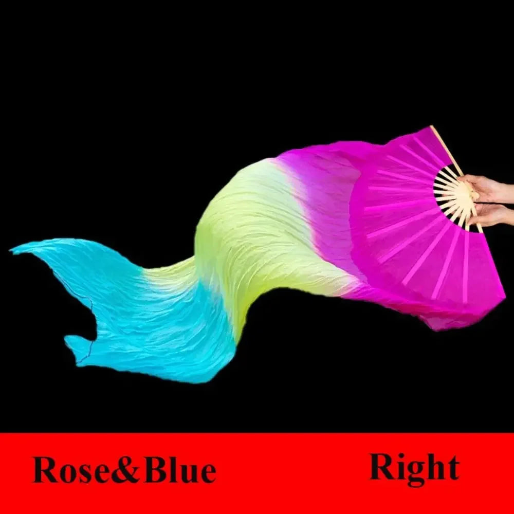 A silk ribbon dance fan showing a gradient blend of pink and blue colors.