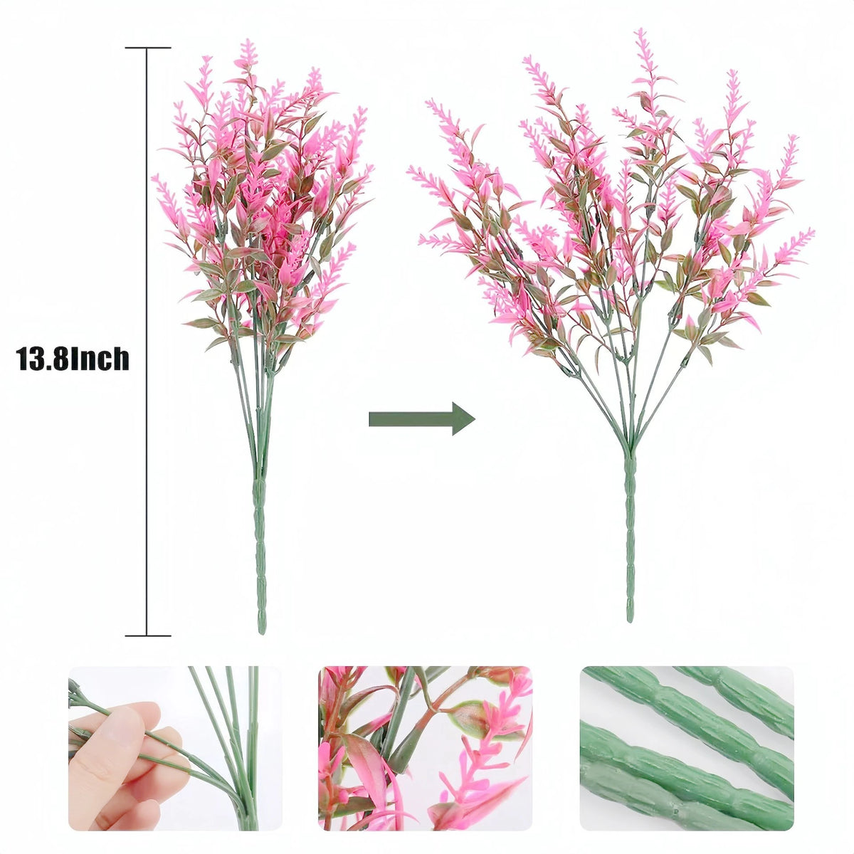 A vertical arrangement of pink and green artificial flowers on a stem, shown from the side and close-up.