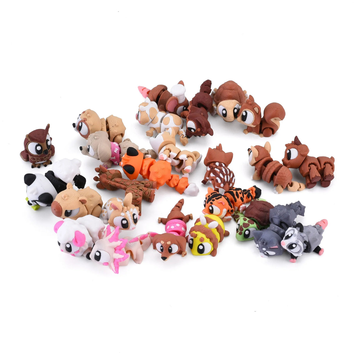 A collection of various brown and tan articulated 3D animal figurines for desk decor.