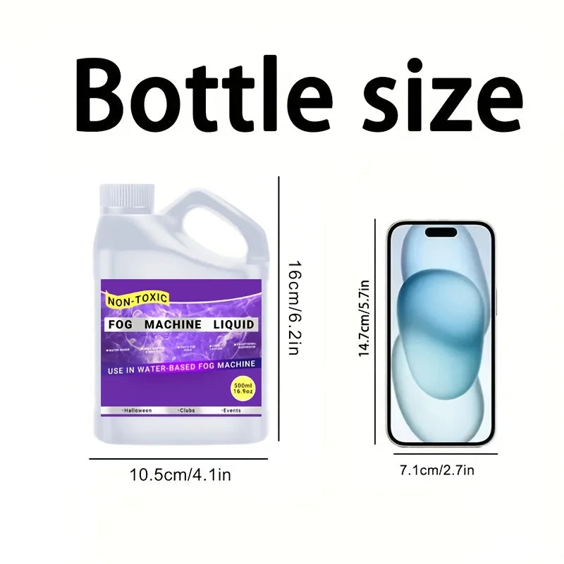 Bottle size comparison showing a bottle of non-toxic fog machine liquid next to a smartphone.