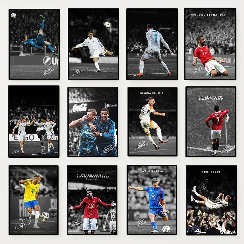 A collage of modern soccer player portraits featuring various athletes in action shots.