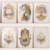 A set of four canvas prints featuring spiritual themes including a Buddha head, a tree of life, and a lotus flower.