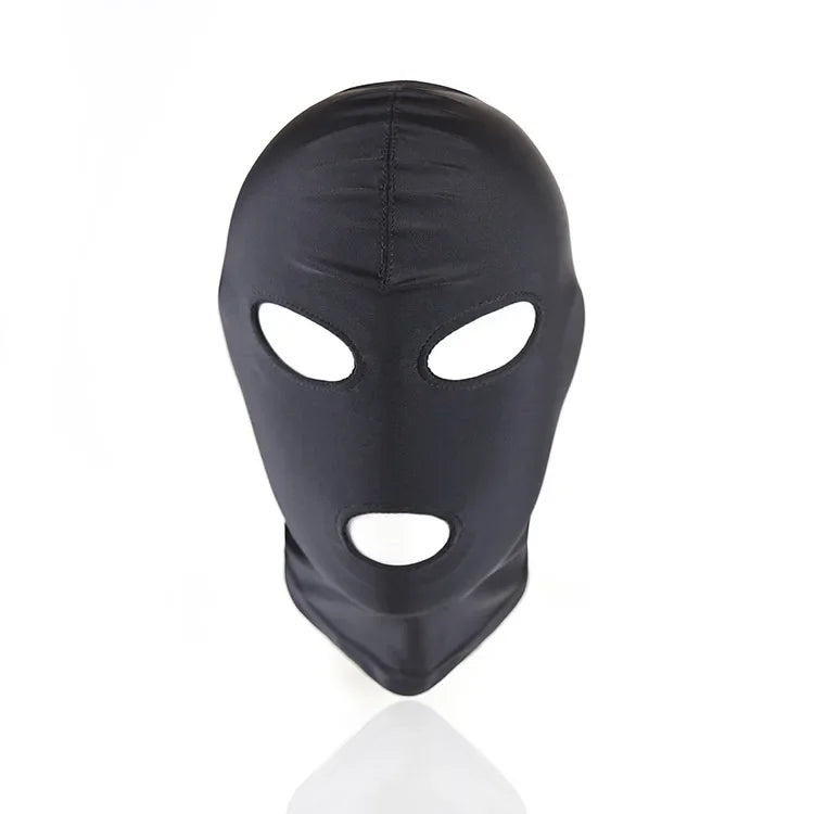 Black leather BDSM head harness and blindfold for roleplay