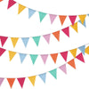 A decorative banner made of colorful jute linen pennants in shades of pink, yellow, blue, and green.