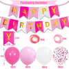 A birthday party decoration set featuring pink and gold banners, balloons, and confetti.