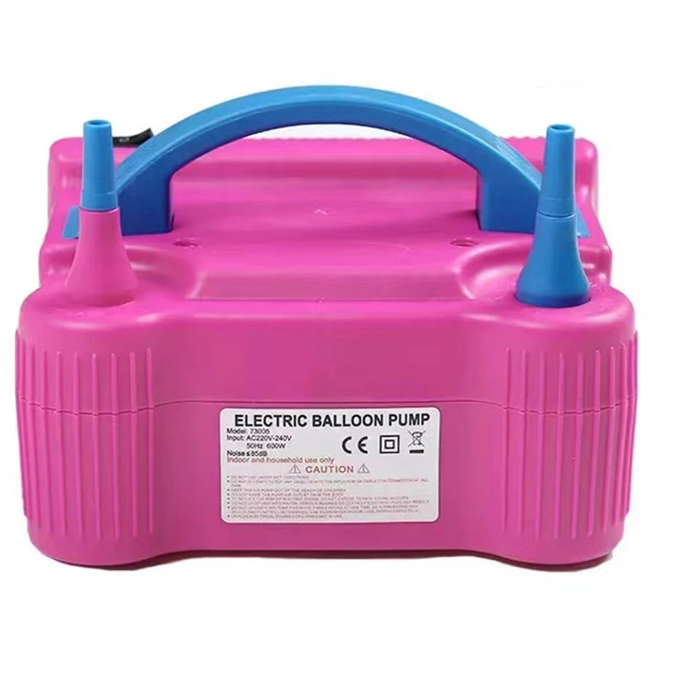 Pink electric balloon pump with blue handle and nozzles for inflating balloons.