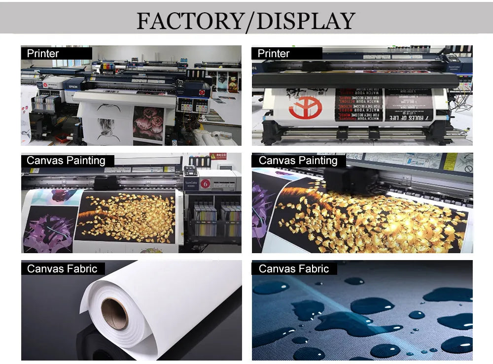 Factory display of abstract coffee wall art canvas prints and fabric samples.