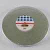 Round silver cake board with blue checkered pattern for decorating cakes