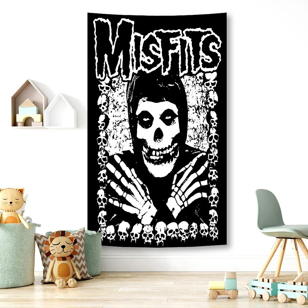 Black and white tapestry wall art featuring a skull face design for punk rock fans