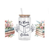 A glass jar filled with clear liquid and a label featuring the text It's Book O'clock and an open book design.