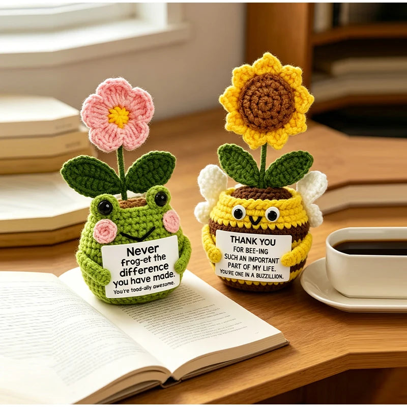 Hand crocheted sunflower bee potted ornaments with pink and yellow flowers