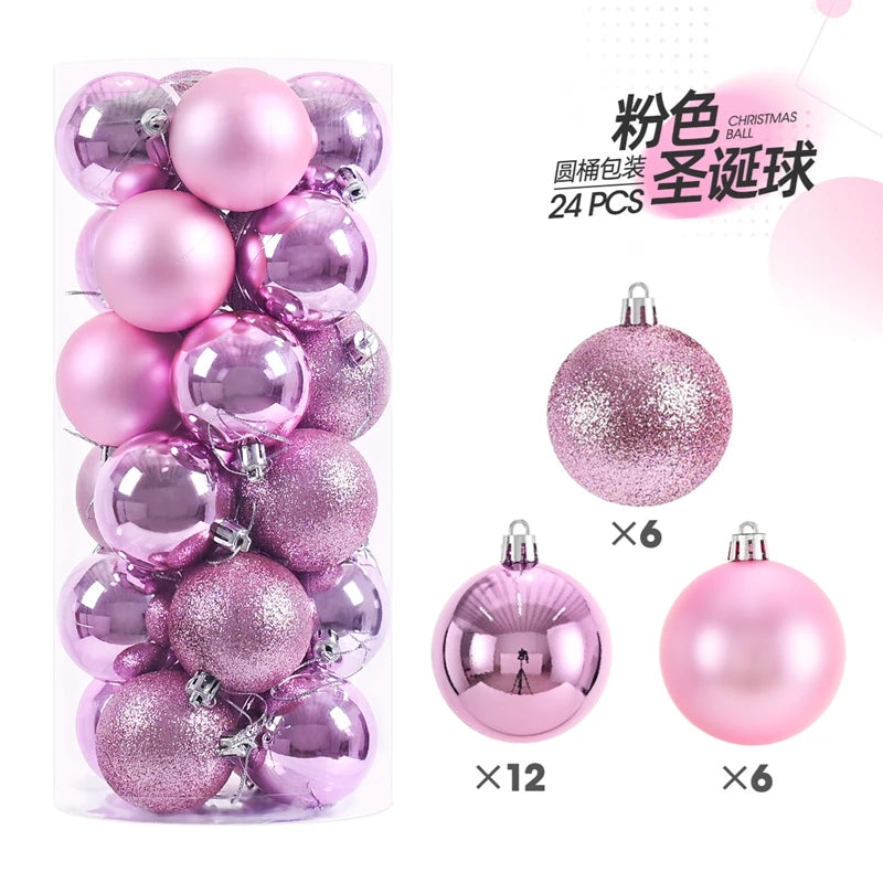 A package of 24 pink and purple glitter Christmas baubles for holiday decoration.
