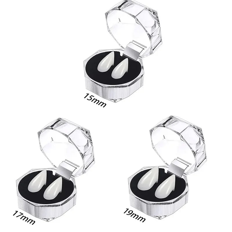 A set of realistic vampire fangs with adjustable fit shown in various sizes.